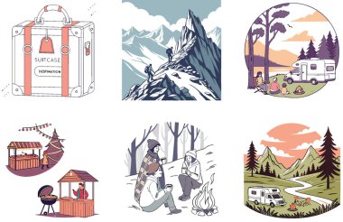 Kamp Paketi. Manzaralı Orman Kamp Bölgesi Resimleri. Al, Image Set 'i oluşturdu. Clipart çizgi film deisgn simgeleri