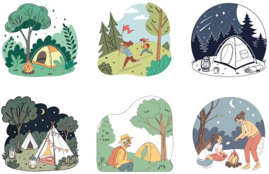 Kamp Paketi. Eskimiş Kahverengi Yürüyüş Çizmeleri Koleksiyonu. Al, Image Set 'i oluşturdu. Clipart çizgi film deisgn simgeleri