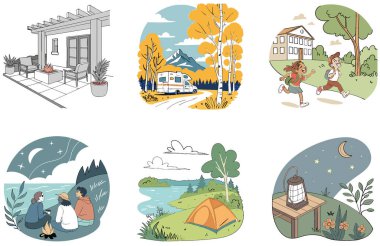 Kamp Paketi. Bulanık Gece Çadırları Koleksiyonu. Al, Image Set 'i oluşturdu. Clipart çizgi film deisgn simgeleri