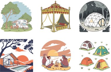 Kamp Paketi. Serene Gölü Kampı Günbatımı Koleksiyonu Çizimleri. Al, Image Set 'i oluşturdu. Clipart çizgi film deisgn simgeleri