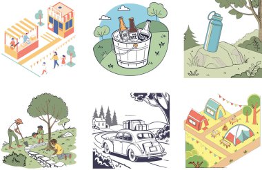 Kamp Paketi. Sıcak Kış Çorapları Çadır Koleksiyonu. Al, Image Set 'i oluşturdu. Clipart çizgi film deisgn simgeleri