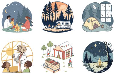 Kamp Paketi. Şirin Köpek Arabası Seyahat Koleksiyonu Çizimleri. Al, Image Set 'i oluşturdu. Clipart çizgi film deisgn simgeleri