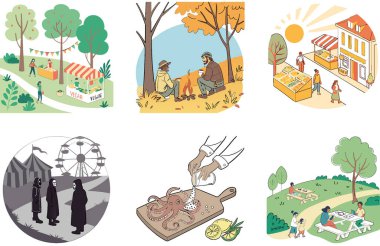 Kamp Macerası. Pratik ve Çok Yönlü Koleksiyonlar Paketi. Al, Image Set 'i oluşturdu. Clipart çizgi film deisgn simgeleri