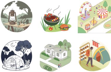 Kutlama kampı. Bir demet Lezzet ve Birliktelik Resimleri. Al, Image Set 'i oluşturdu. Clipart çizgi film deisgn simgeleri