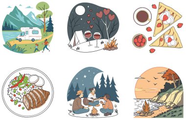 Kutlama kampı. Bir demet canlı ve şenlikli koleksiyon çizimleri. Al, Image Set 'i oluşturdu. Clipart çizgi film deisgn simgeleri