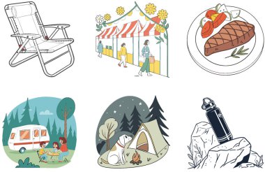 Kamp Macerası. Pratik ve Çok Yönlü Koleksiyonlar Paketi. Al, Image Set 'i oluşturdu. Clipart çizgi film deisgn simgeleri
