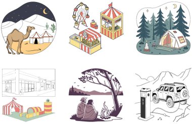 Kaçış Kampı. Sükunet ve Sahne Koleksiyonları Paketi. Al, Image Set 'i oluşturdu. Clipart çizgi film deisgn simgeleri