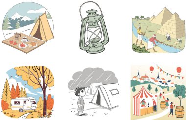 Kamp Gecesi. Bir demet konforlu ve tatlı koleksiyon resimleri. Al, Image Set 'i oluşturdu. Clipart çizgi film deisgn simgeleri