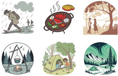 Kaçış Kampı. Sükunet ve Sahne Koleksiyonları Paketi. Al, Image Set 'i oluşturdu. Clipart çizgi film deisgn simgeleri