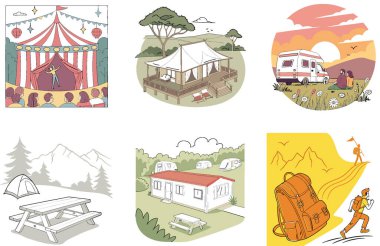 Kaçış Kampı. Manzaralı ve Kıyı Koleksiyonları Paketi. Al, Image Set 'i oluşturdu. Clipart çizgi film deisgn simgeleri