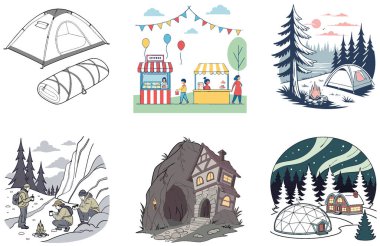 Kamp Malzemeleri. Pratik ve Ferahlatıcı Koleksiyonlar Paketi. Al, Image Set 'i oluşturdu. Clipart çizgi film deisgn simgeleri