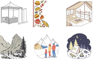 Kaçış Kampı. Manzara ve Serene Koleksiyonları Paketi. Al, Image Set 'i oluşturdu. Clipart çizgi film deisgn simgeleri