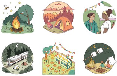 Kamp Festivali. Bir demet canlı ve şenlikli koleksiyon çizimleri. Al, Image Set 'i oluşturdu. Clipart çizgi film deisgn simgeleri