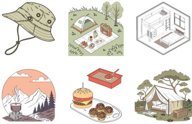 Kaçış Kampı. Yanan ve Görkemli Koleksiyonlar Paketi. Al, Image Set 'i oluşturdu. Clipart çizgi film deisgn simgeleri