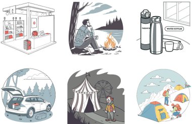 Kamp Macerası. Pratik ve Rustik Koleksiyon Çizimleri Paketi. Al, Image Set 'i oluşturdu. Clipart çizgi film deisgn simgeleri