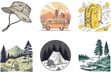 Kaçış Kampı. Sükunet ve Karlı Koleksiyonlar Paketi. Al, Image Set 'i oluşturdu. Clipart çizgi film deisgn simgeleri