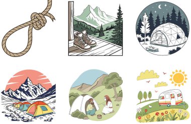 Kamp Macerası. Sıcaklık ve Aydınlanma Koleksiyonları. Al, Image Set 'i oluşturdu. Clipart çizgi film deisgn simgeleri