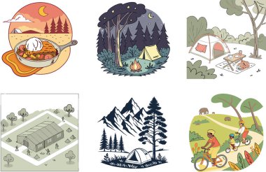 Kamp Gezisi. Manzara ve Sonbahar Koleksiyonları Paketi. Al, Image Set 'i oluşturdu. Clipart çizgi film deisgn simgeleri