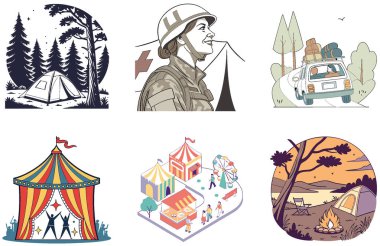Kaçış Kampı. Bir deste Yıldızlı ve Huzurlu Koleksiyonlar. Al, Image Set 'i oluşturdu. Clipart çizgi film deisgn simgeleri