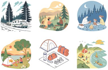 Kamp Macerası. Bir Kurtuluş ve Dayanıklılık Koleksiyonu Paketi. Al, Image Set 'i oluşturdu. Clipart çizgi film deisgn simgeleri
