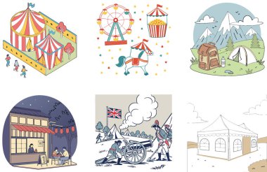 Kaçış Kampı. Bir deste Serene ve Dawn Koleksiyonu. Al, Image Set 'i oluşturdu. Clipart çizgi film deisgn simgeleri