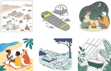Kamp Macerası. Kış ve Huzur Koleksiyonları Paketi. Al, Image Set 'i oluşturdu. Clipart çizgi film deisgn simgeleri