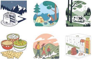 Kamp Macerası. Bir Yıldız ve Huzur Koleksiyonları Paketi. Al, Image Set 'i oluşturdu. Clipart çizgi film deisgn simgeleri