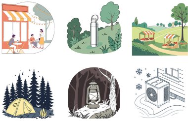 Kamp aracı. Bir Hassasiyet ve Yararlılık Koleksiyonu Paketi. Al, Image Set 'i oluşturdu. Clipart çizgi film deisgn simgeleri