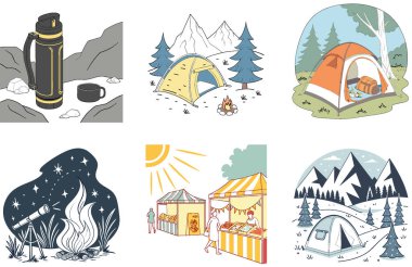 Kamp Işıltısı. Bir demet Vintage ve Rustic Collection Illustrations. Al, Image Set 'i oluşturdu. Clipart çizgi film deisgn simgeleri