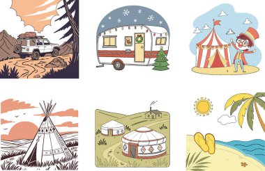 Kamp Macerası. Bir Dinginlik ve Rehberlik Koleksiyonu. Al, Image Set 'i oluşturdu. Clipart çizgi film deisgn simgeleri