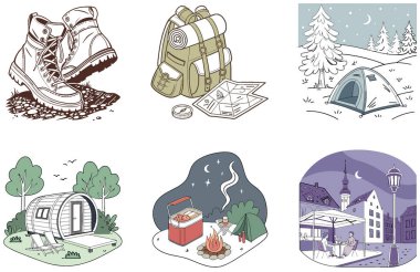 Kamp Araştırması. Bir Delil Paketi ve Gizem Koleksiyonu Çizimleri. Al, Image Set 'i oluşturdu. Clipart çizgi film deisgn simgeleri