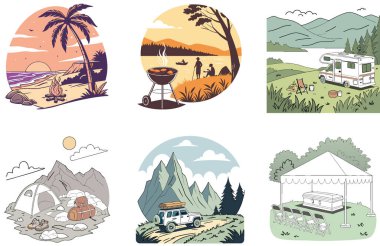 Kamp Macerası. Bir demet Güçlü ve Temel Koleksiyonlar Çizimleri. Al, Image Set 'i oluşturdu. Clipart çizgi film deisgn simgeleri