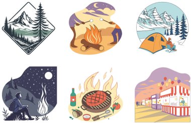 Kamp Macerası. Bir deste Gizem ve Heyecan Koleksiyonu Çizimleri. Al, Image Set 'i oluşturdu. Clipart çizgi film deisgn simgeleri