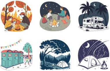 Kamp Gecesi. Serene ve Starry Collection Illustrations paketi. Al, Image Set 'i oluşturdu. Clipart çizgi film deisgn simgeleri