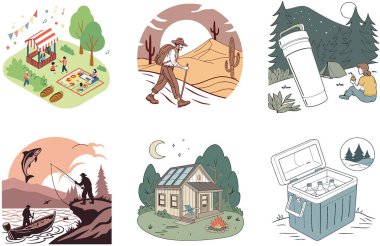 Kamp Macerası. Bir demet Manzaralı ve Günbatımı Koleksiyonu. Al, Image Set 'i oluşturdu. Clipart çizgi film deisgn simgeleri