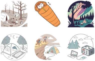 Kamp Macerası. Heyecan ve Huzur Koleksiyonları Paketi. Al, Image Set 'i oluşturdu. Clipart çizgi film deisgn simgeleri