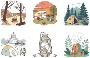 Kamp ziyafeti. Bir demet Lezzet ve Kutlama Çizimleri Koleksiyonu. Al, Image Set 'i oluşturdu. Clipart çizgi film deisgn simgeleri