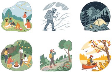 Kamp Macerası. Bir Bağ ve Huzur Koleksiyonları Paketi. Al, Image Set 'i oluşturdu. Clipart çizgi film deisgn simgeleri