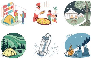 Kamp Keşfi. Canlı ve Kültürel Koleksiyonlar Paketi mi? Al, Image Set 'i oluşturdu. Clipart çizgi film deisgn simgeleri