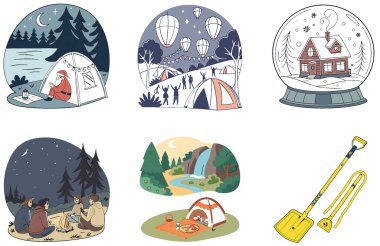 Kamp Macerası. Sonbahar ve Huzur Koleksiyonları Paketi. Al, Image Set 'i oluşturdu. Clipart çizgi film deisgn simgeleri