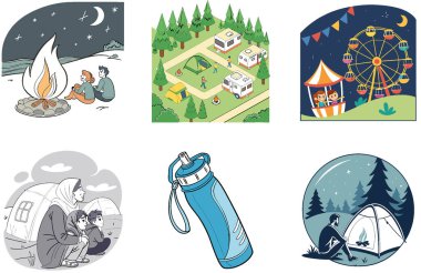 Kamp Macerası. Gezgin Şehveti ve Minimalist Koleksiyonlar Paketi. Al, Image Set 'i oluşturdu. Clipart çizgi film deisgn simgeleri