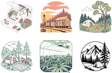 Kamp Gezisi. Özgürlük ve Manzara Koleksiyonu Çizimleri Paketi. Al, Image Set 'i oluşturdu. Clipart çizgi film deisgn simgeleri