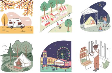 Kaçış Kampı. Bir Serenity ve Sunset Işıltı Koleksiyonu. Al, Image Set 'i oluşturdu. Clipart çizgi film deisgn simgeleri
