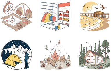 Kutlama kampı. Görkemli ve Şenlik Koleksiyonları Paketi. Al, Image Set 'i oluşturdu. Clipart çizgi film deisgn simgeleri