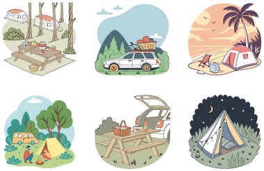 Kamp Görevi. Strateji ve Hayatta Kalma Koleksiyonları Paketi. Al, Image Set 'i oluşturdu. Clipart çizgi film deisgn simgeleri