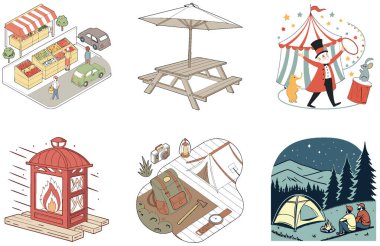 Kamp Malzemeleri. Pratik ve Taşınabilir Koleksiyon Resimleri Paketi. Al, Image Set 'i oluşturdu. Clipart çizgi film deisgn simgeleri