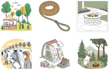 Kutlama kampı. Bir demet canlı ve şenlikli koleksiyon çizimleri. Al, Image Set 'i oluşturdu. Clipart çizgi film deisgn simgeleri