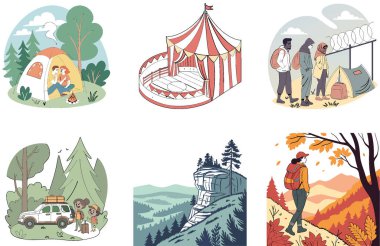 Kamp Macerası. Bir Nostalji ve Gezgin Şehveti Koleksiyonu. Al, Image Set 'i oluşturdu. Clipart çizgi film deisgn simgeleri