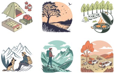 Kamp Macerası. Gezgin Şehveti ve Keşif Koleksiyonları Paketi. Al, Image Set 'i oluşturdu. Clipart çizgi film deisgn simgeleri