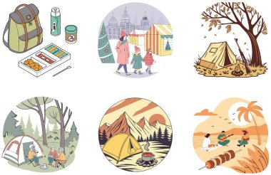 Kamp Gezisi. Gezgin Şehveti ve Günışığı Koleksiyonları Paketi. Al, Image Set 'i oluşturdu. Clipart çizgi film deisgn simgeleri